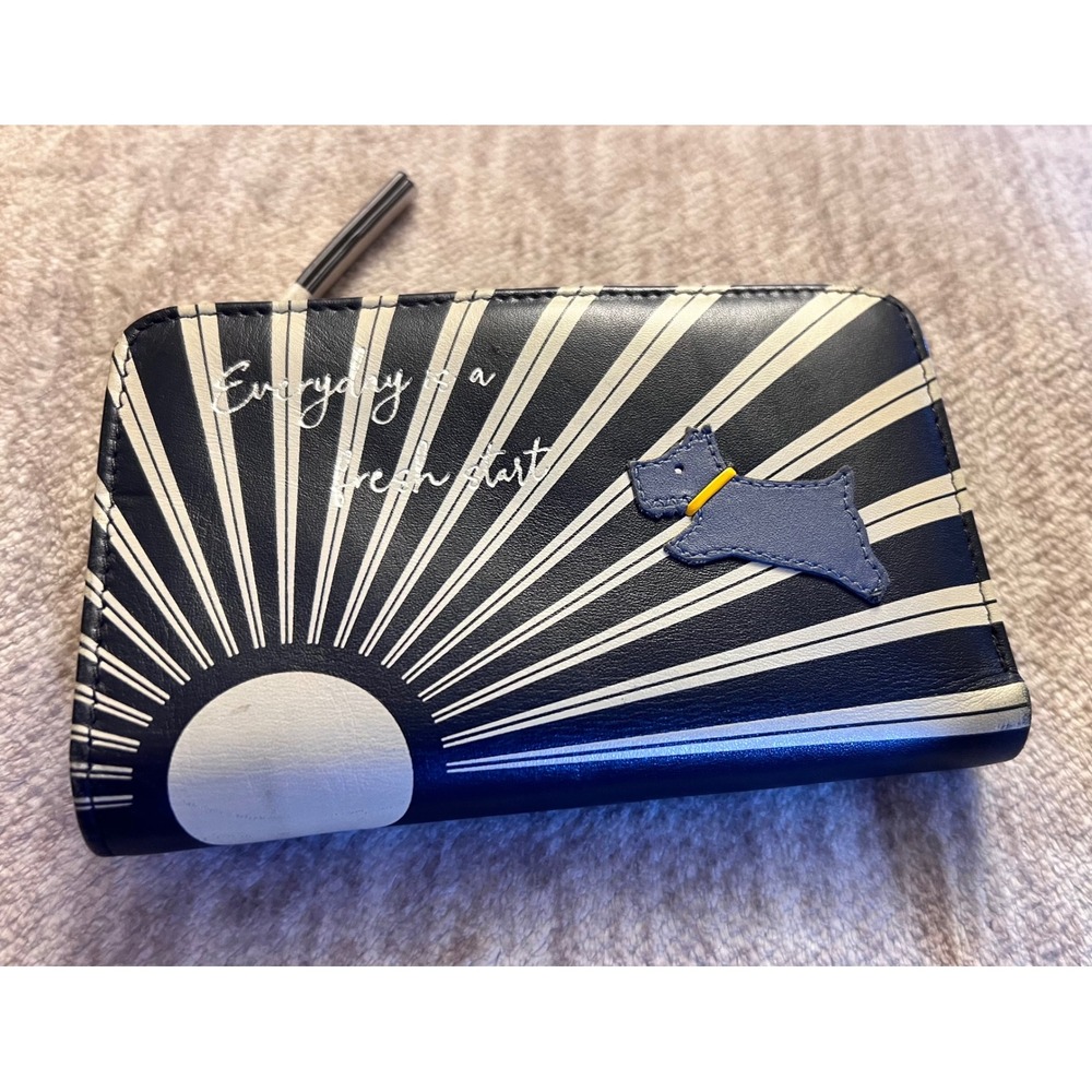 Radley London Navy Leather Bifold Wallet Sunburst Everyday is a Fresh Start Dog